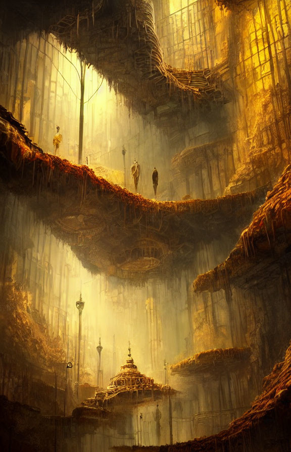 Ethereal subterranean city with cascading levels and glowing lights