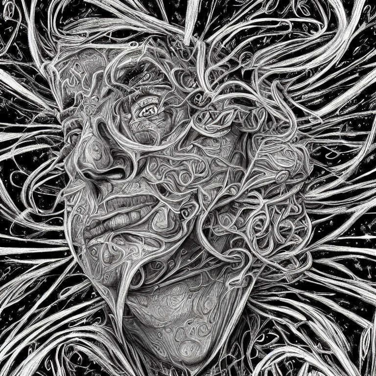 Detailed monochromatic face illustration with swirling patterns.