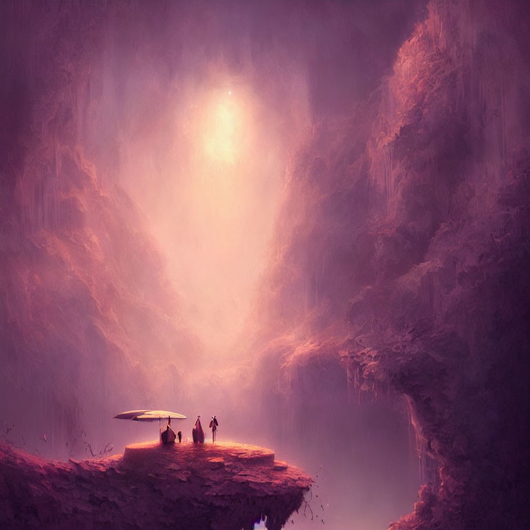 Mystical cave scene with glowing sun and two figures at edge