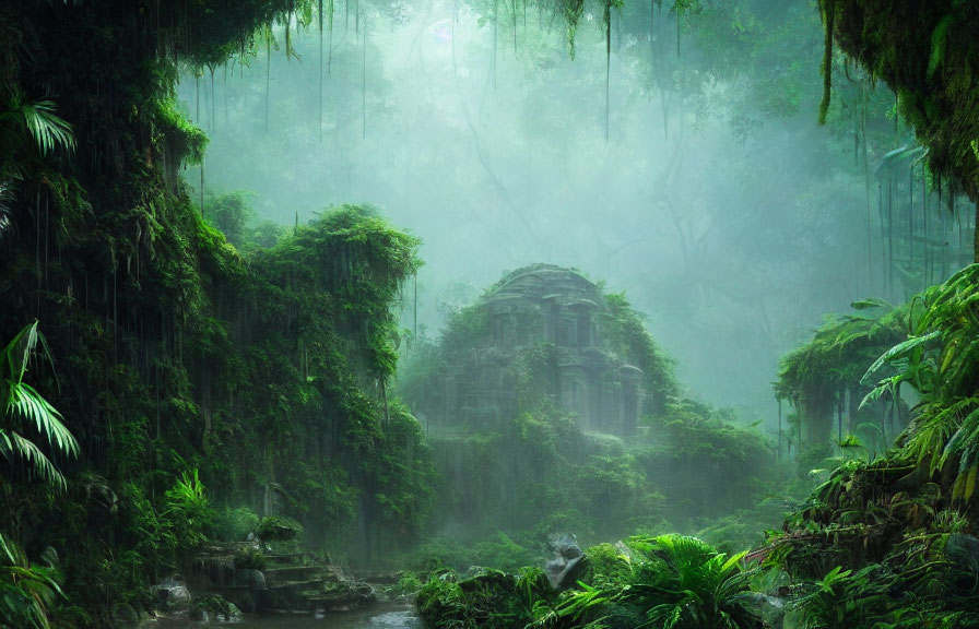 Overgrown ancient temple in misty green jungle