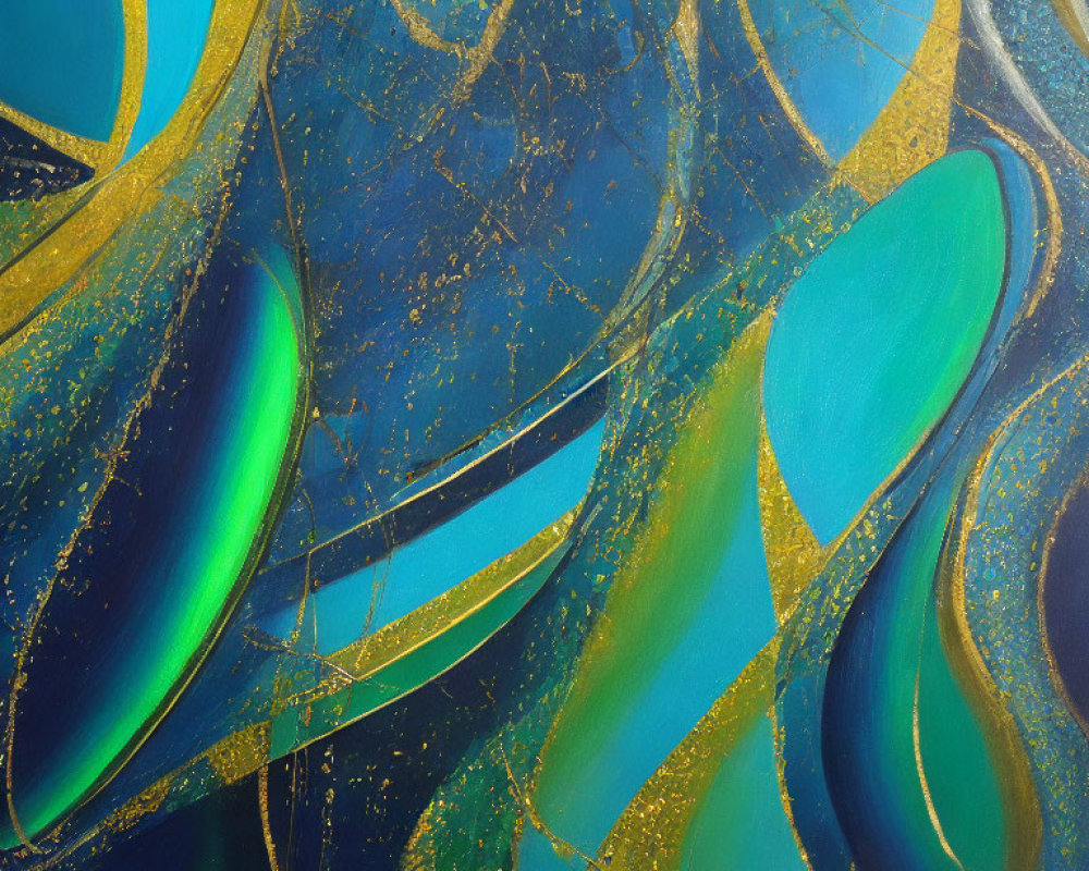 Blue and Green Abstract Art with Gold Streaks on Canvas