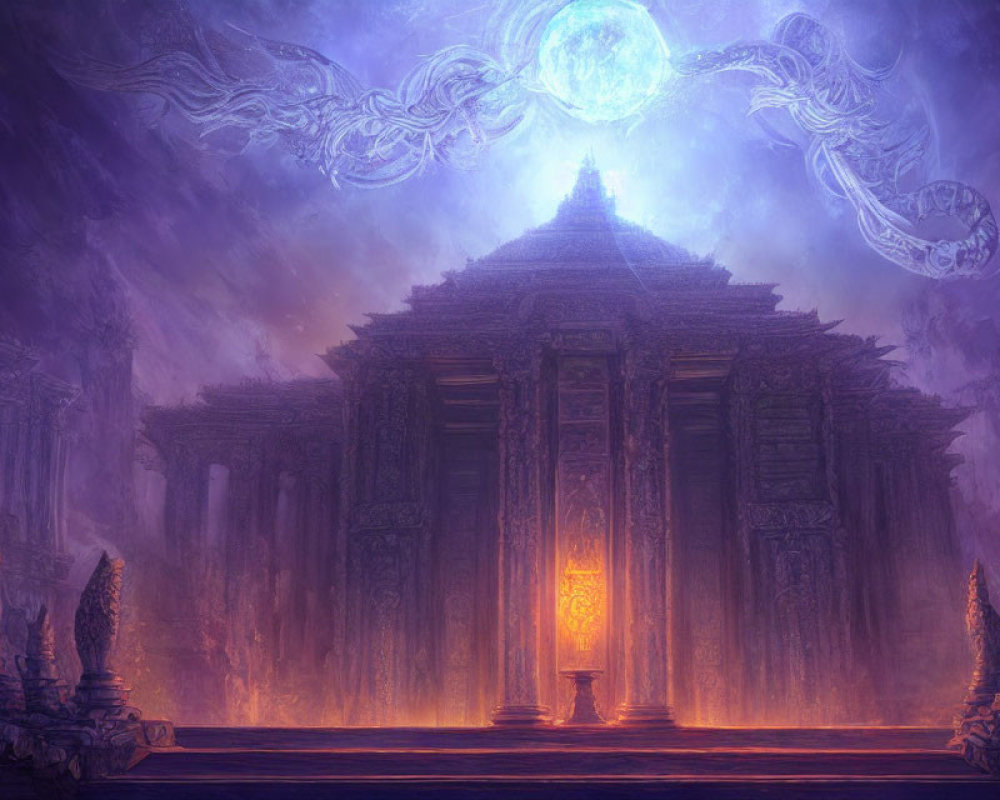 Ethereal Fantasy Temple in Purple and Blue Hues with Glowing Object