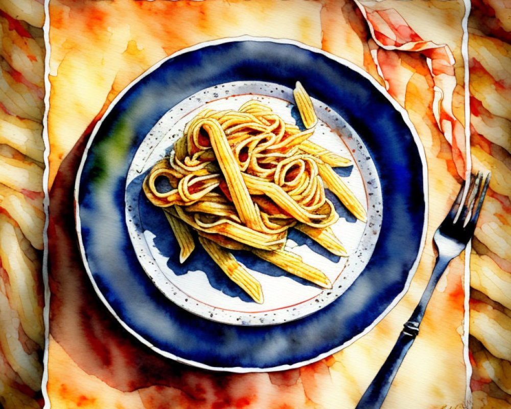 Watercolor painting: spaghetti plate with fork on textured orange background