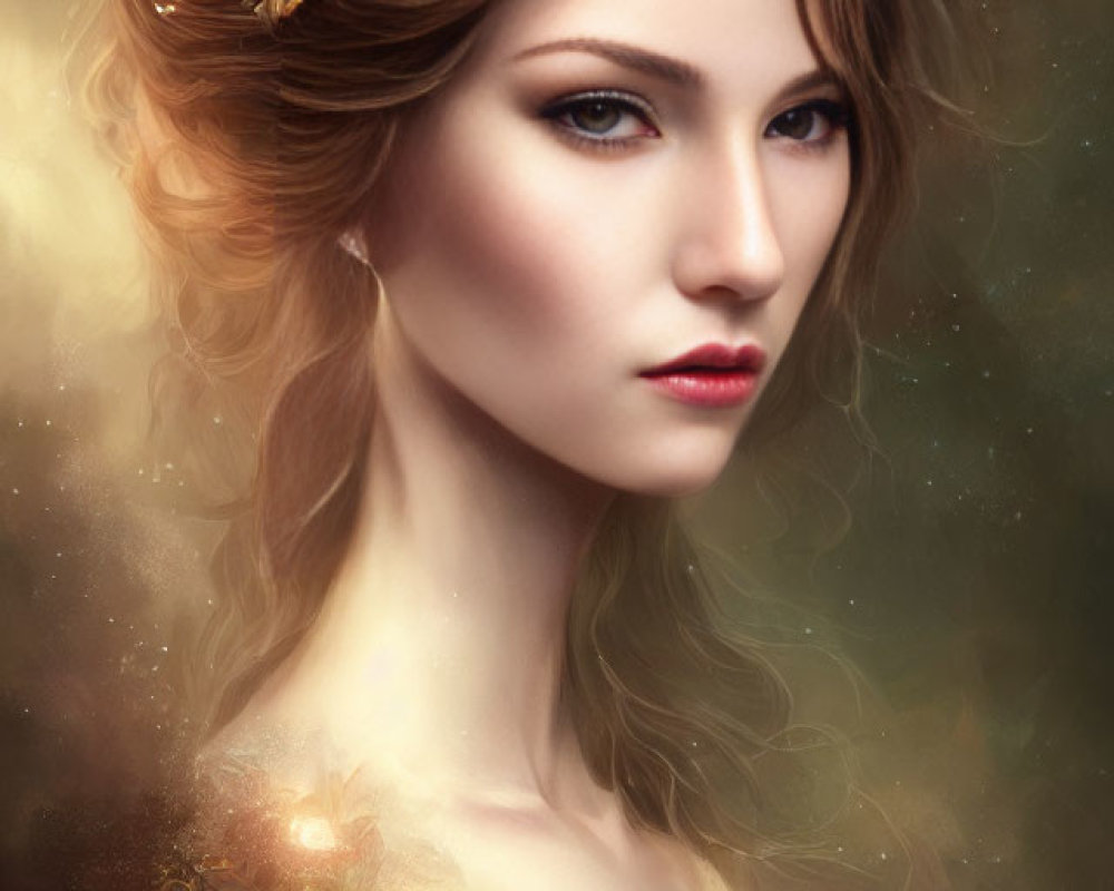 Ethereal beauty in digital portrait with golden crown and captivating eyes