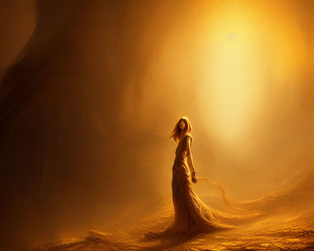 Figure in flowing gown in golden desert landscape with radiant light