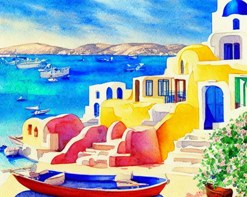 Vibrant Watercolor Painting of Seaside Village and Red Boat