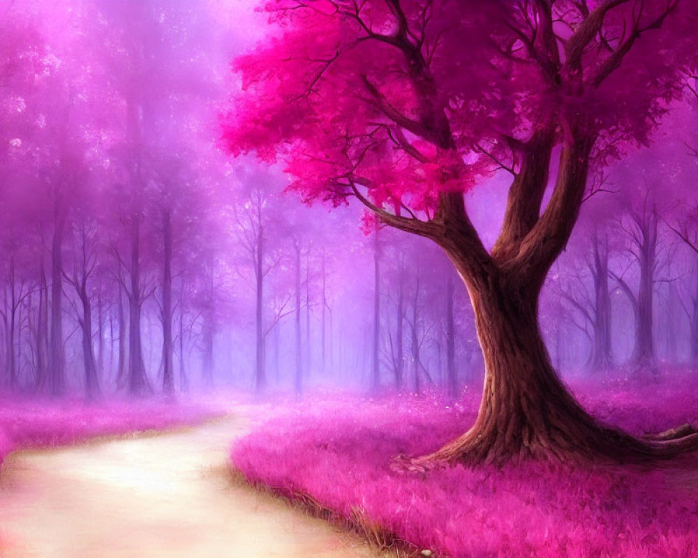 Vibrant pink trees in misty purple forest landscape
