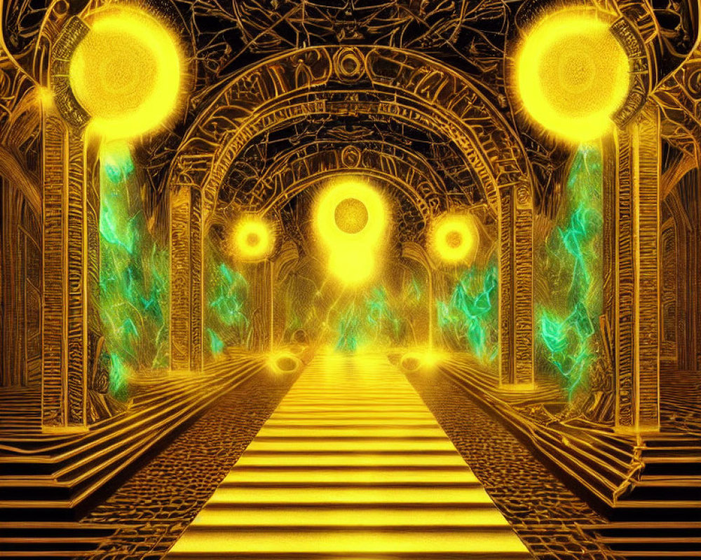 Digital art: Ornate golden hallway with glowing orbs and blue flame-like structures