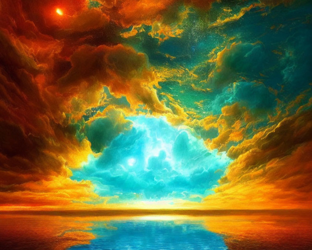 Vivid Sunset with Fiery Clouds Reflecting on Calm Water