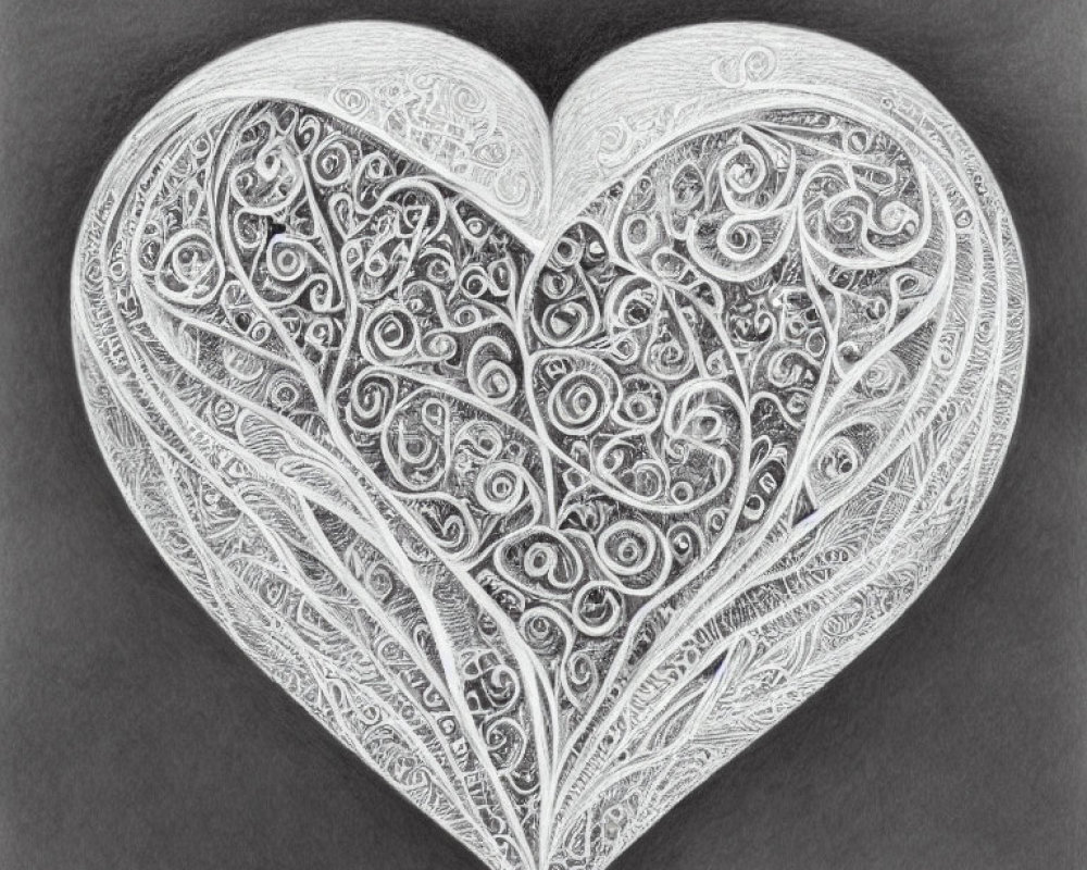 Detailed pencil-drawn heart on textured grey background with intricate swirls.