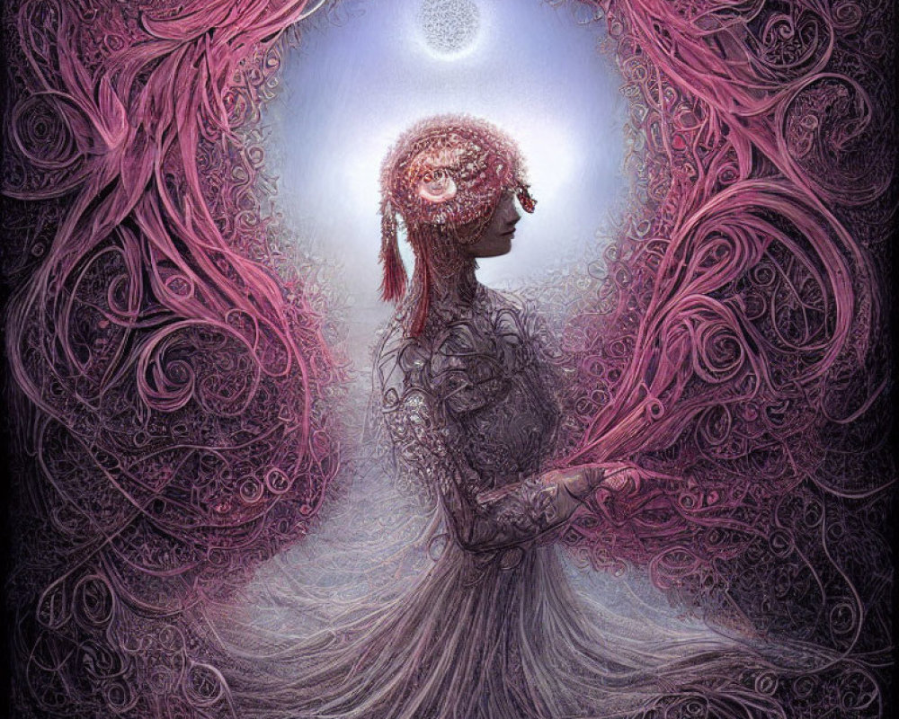 Surreal illustration of figure with swirling pink hair under intricate moon.