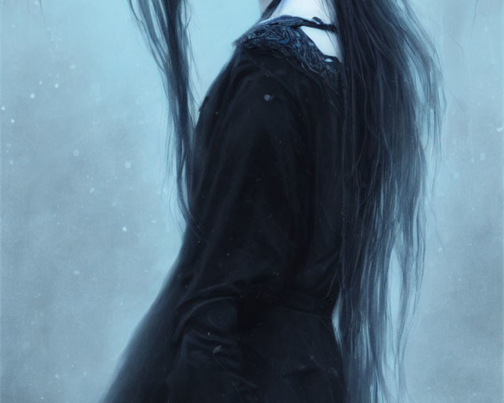 Gothic figure with long black hair in black dress on misty blue background