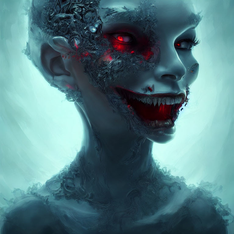 Dark digital artwork of a smiling female figure with red eyes, sharp teeth, and metallic embellishments