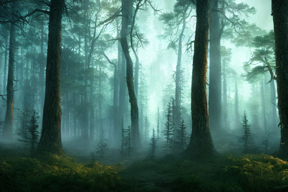 Misty forest with sunlight filtering through tall trees