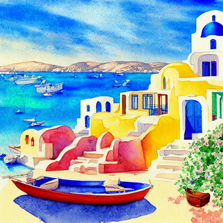 Vibrant Watercolor Painting of Seaside Village and Red Boat