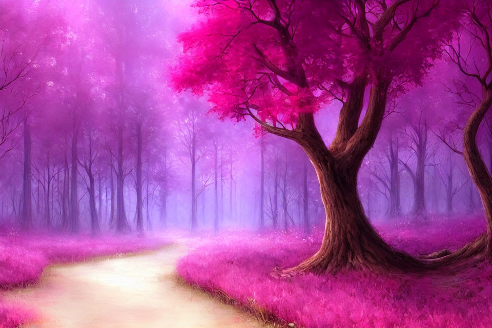Vibrant pink trees in misty purple forest landscape