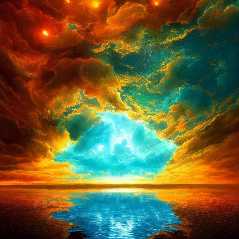 Vivid Sunset with Fiery Clouds Reflecting on Calm Water