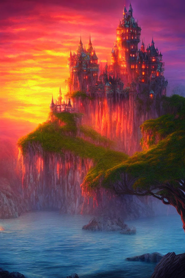 Majestic castle on cliffs at sunset with waterfalls and reflection