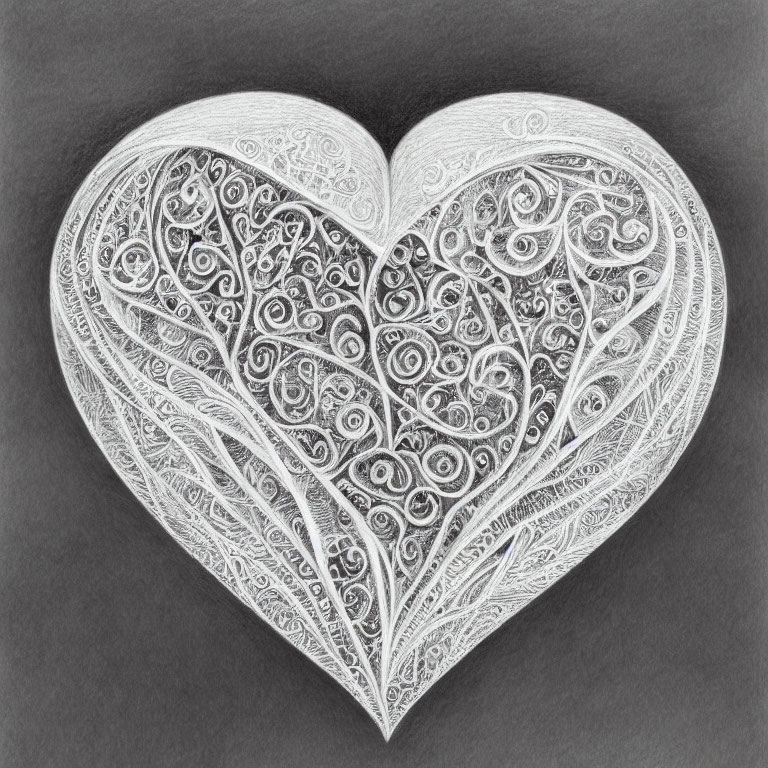 Detailed pencil-drawn heart on textured grey background with intricate swirls.