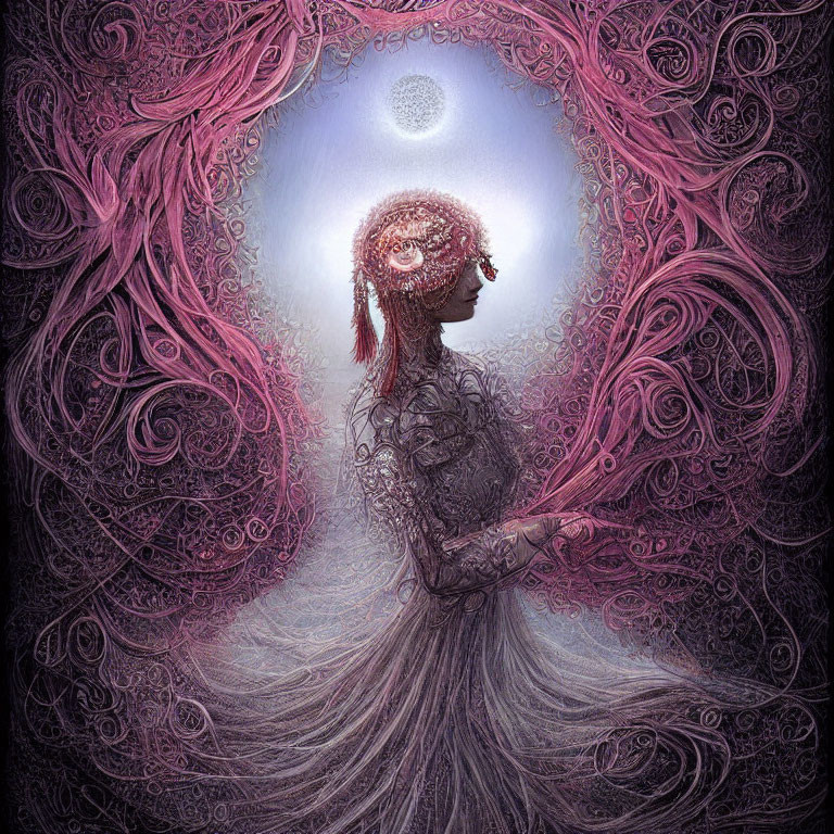 Surreal illustration of figure with swirling pink hair under intricate moon.