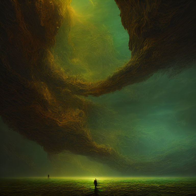 Surreal landscape with towering root walls and silhouetted figures
