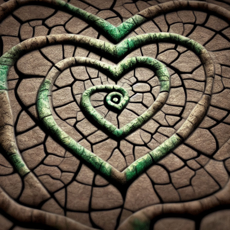 Textured image of green heart within a heart on cracked brown surface