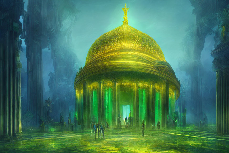 Golden dome with spire, green light, columns, and silhouettes in fantastical setting