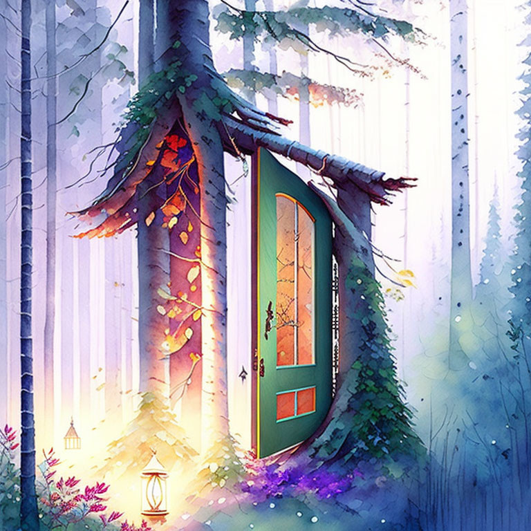 Illustration of vibrant forest with whimsical door and purple foliage