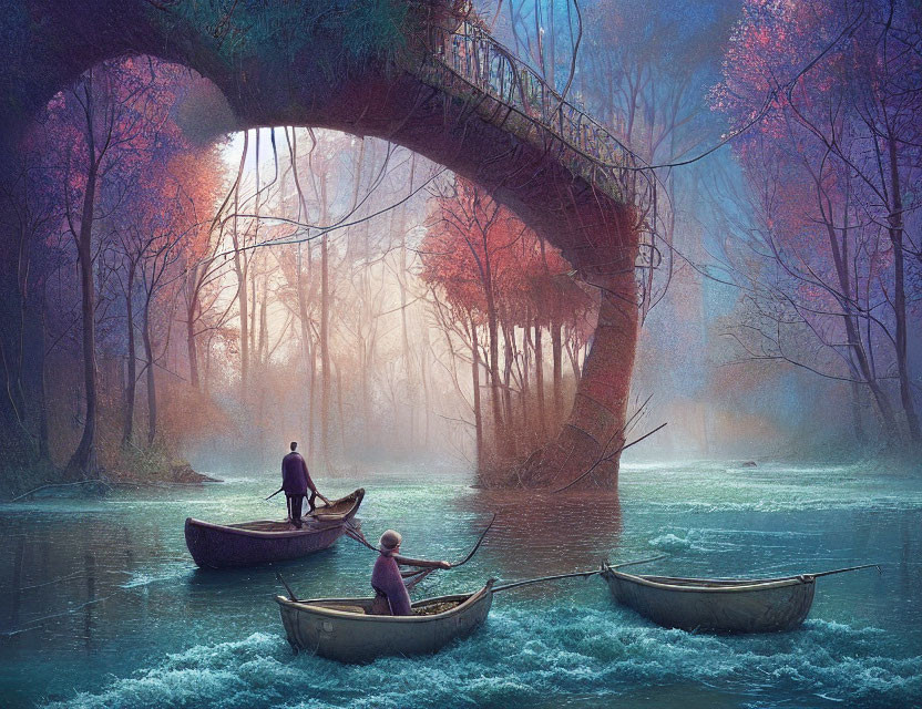 Mystical river scene with two people rowing under stone bridge