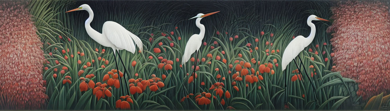 Three White Herons Among Tall Green Reeds and Orange Blooms