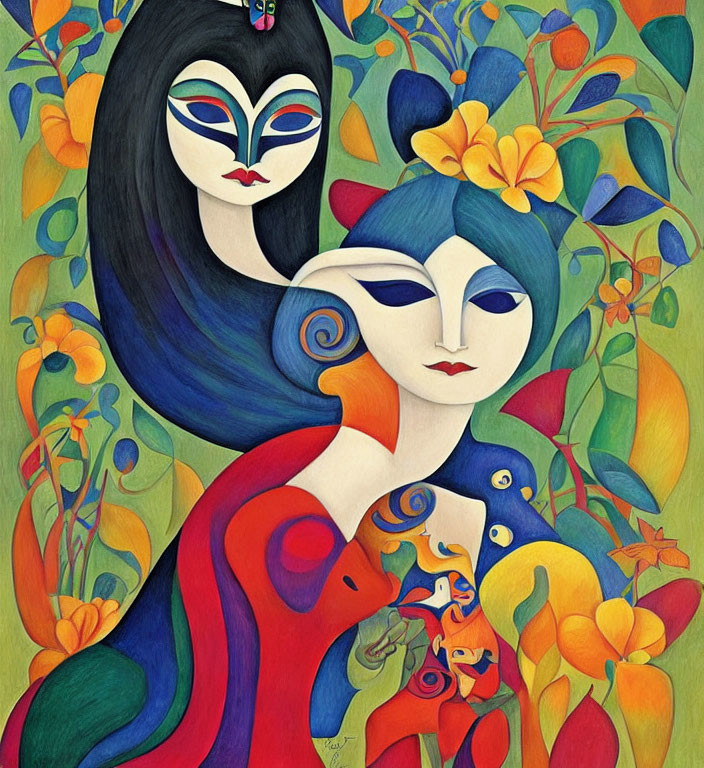 Vibrant illustration of stylized female figures with colorful flowers.