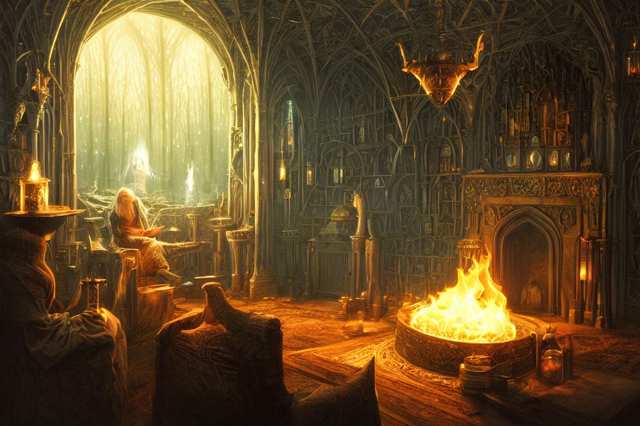 Fantasy library with Gothic arches, fireplace, and magical ambiance