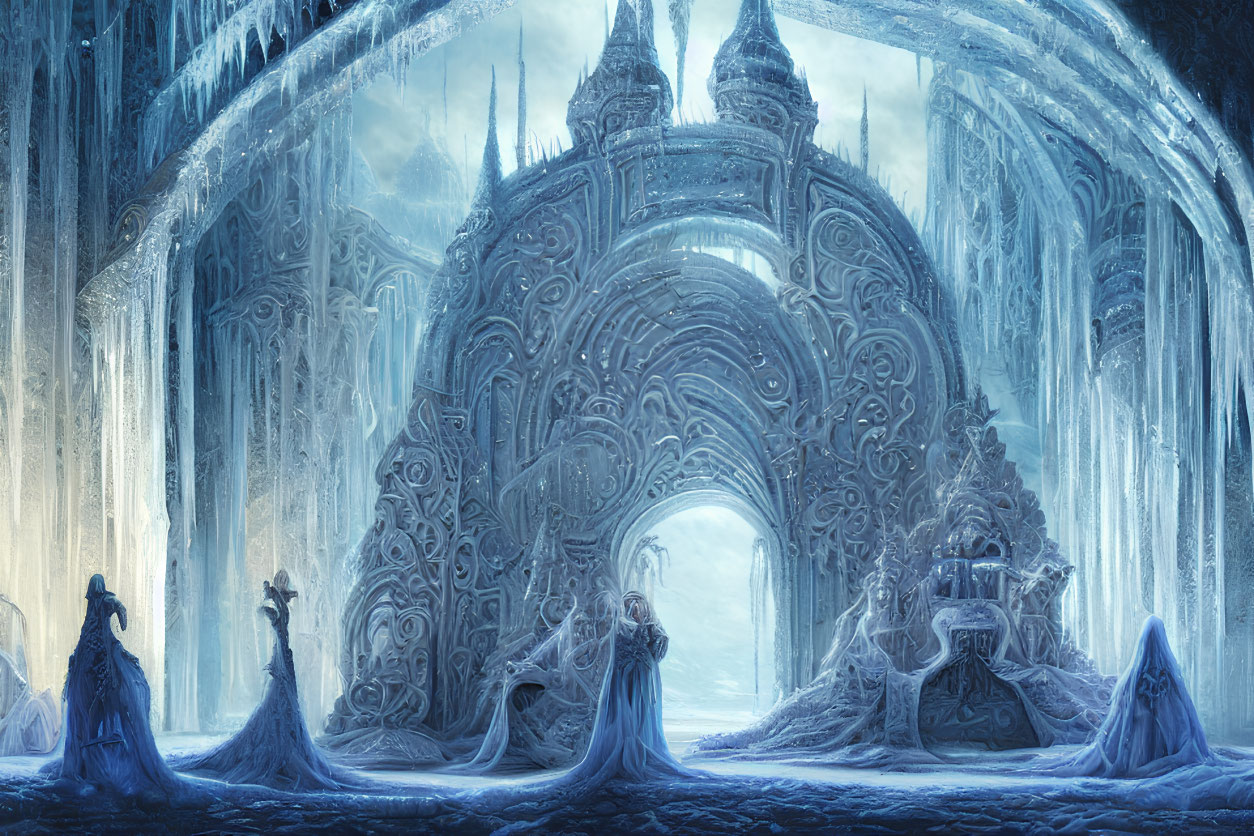 Ethereal ice palace interior with frozen arches and regal throne