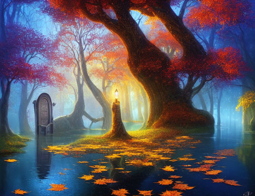 Enchanting forest scene with blue fog, red trees, door on tree, lamppost,
