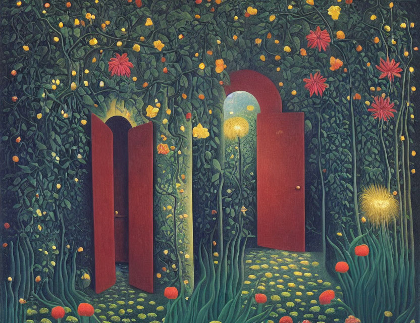 Vibrant illustration of mystical garden with red door