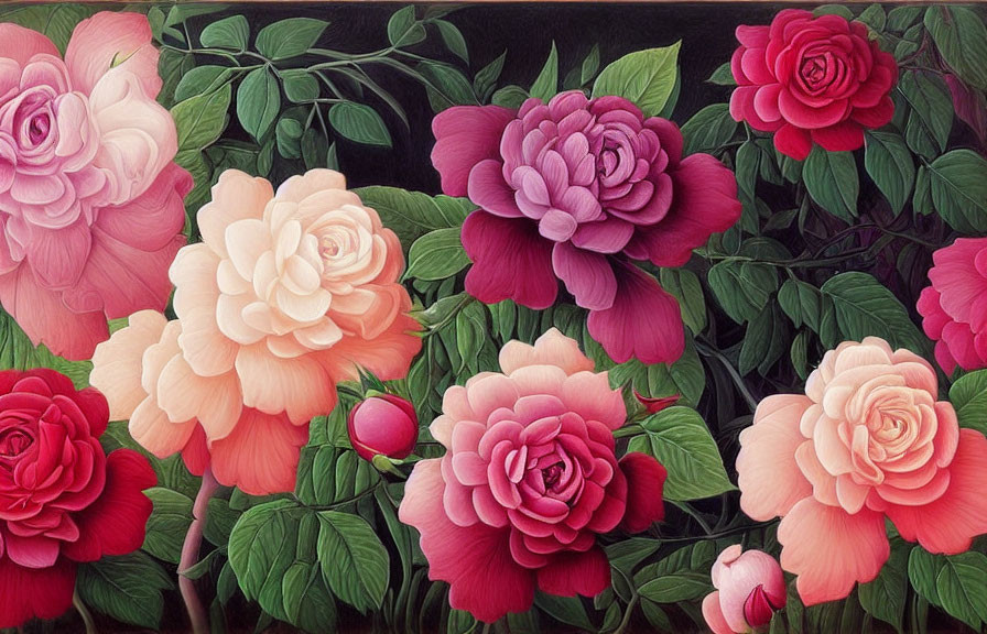 Colorful Camellia Flowers Painting with Detailed Foliage