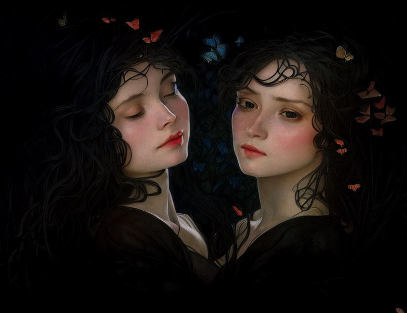 Two women with dark curly hair and fair skin surrounded by colorful butterflies on black background