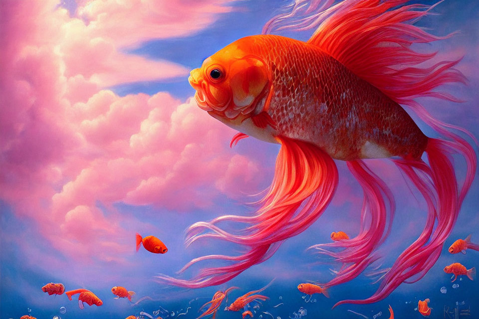 Colorful illustration of large orange fish swimming among smaller fish in pink and blue clouds