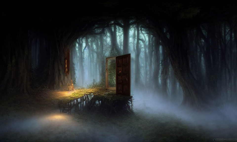 Ornate wooden door on misty forest platform with eerie blue light