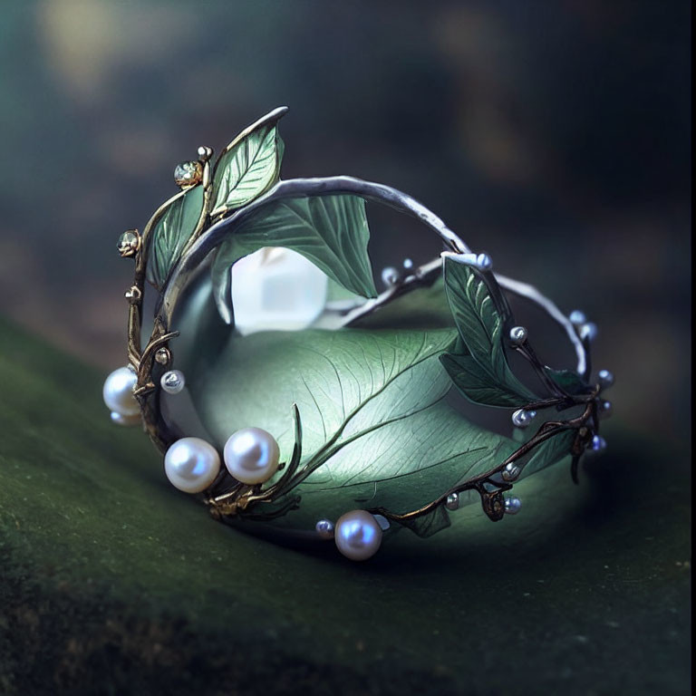 Fantasy-Inspired Vine Bracelet with Pearls and Leaves on Green Leaf