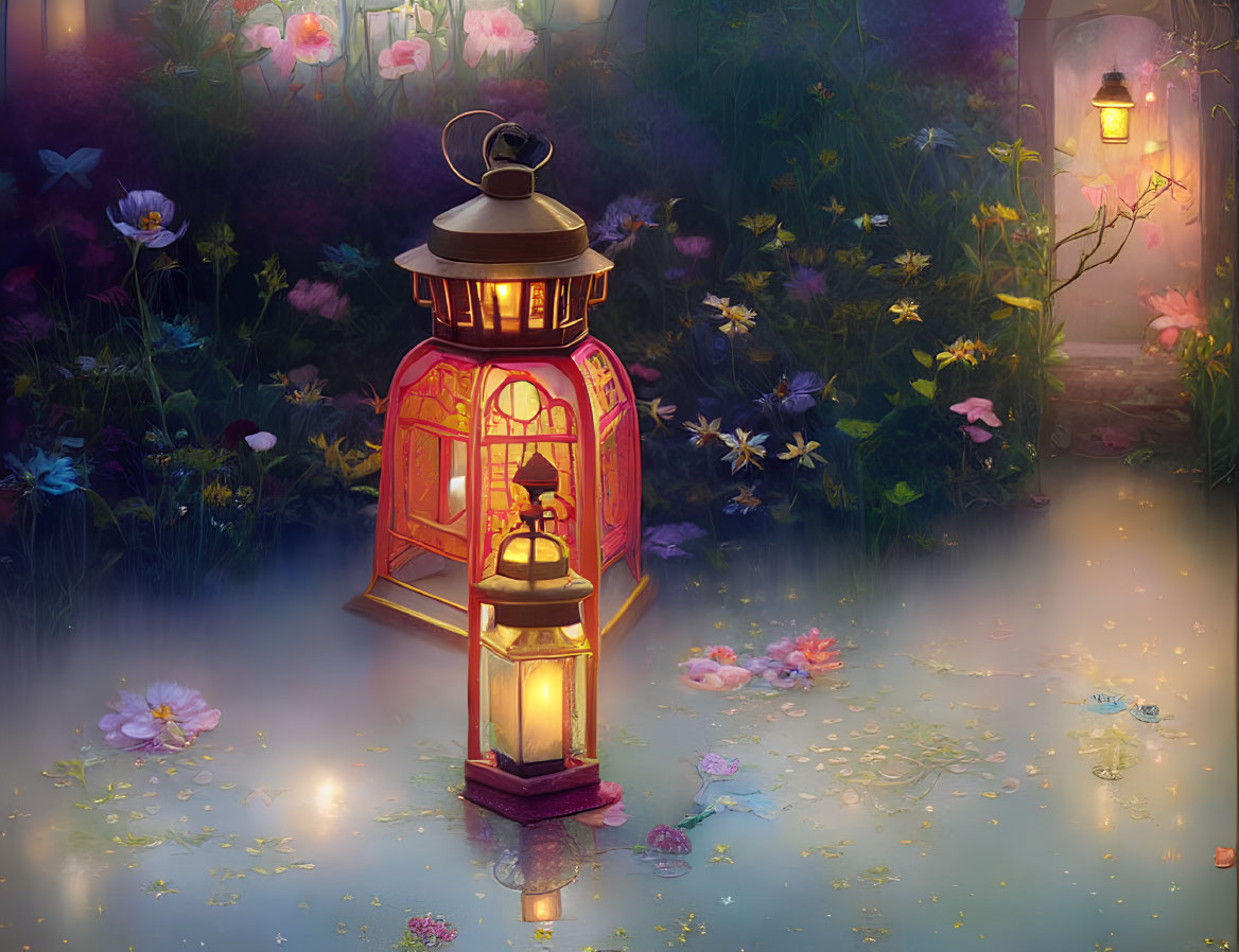 Mystical garden with illuminated red lanterns and glowing flowers