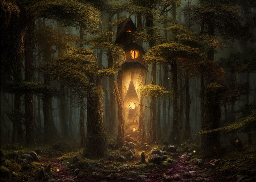 Mystical treehouse in enchanted forest with gnarled trees