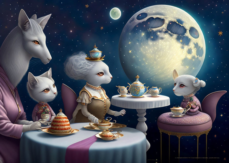 Elegant anthropomorphic foxes enjoying tea under starry sky