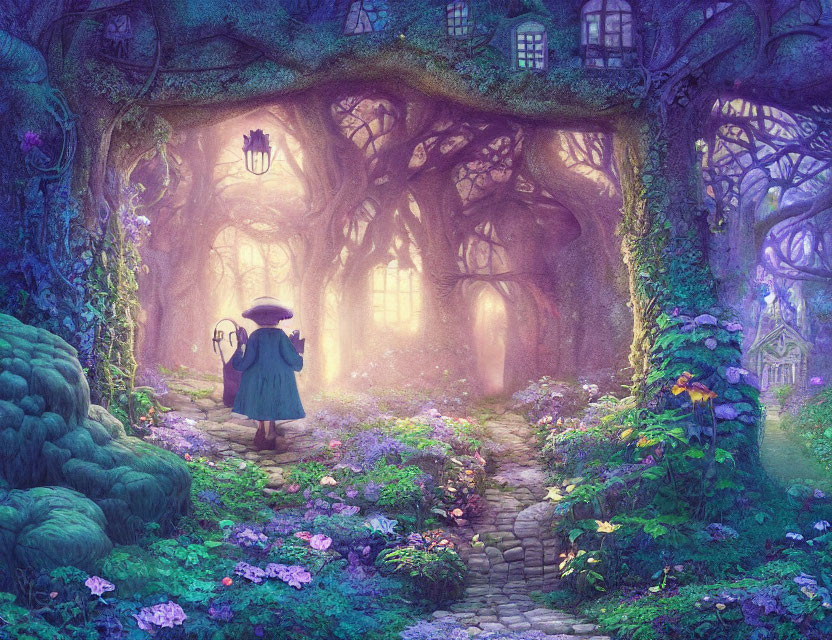 Person in cloak with lantern in mystical forest path surrounded by vibrant flowers and towering trees