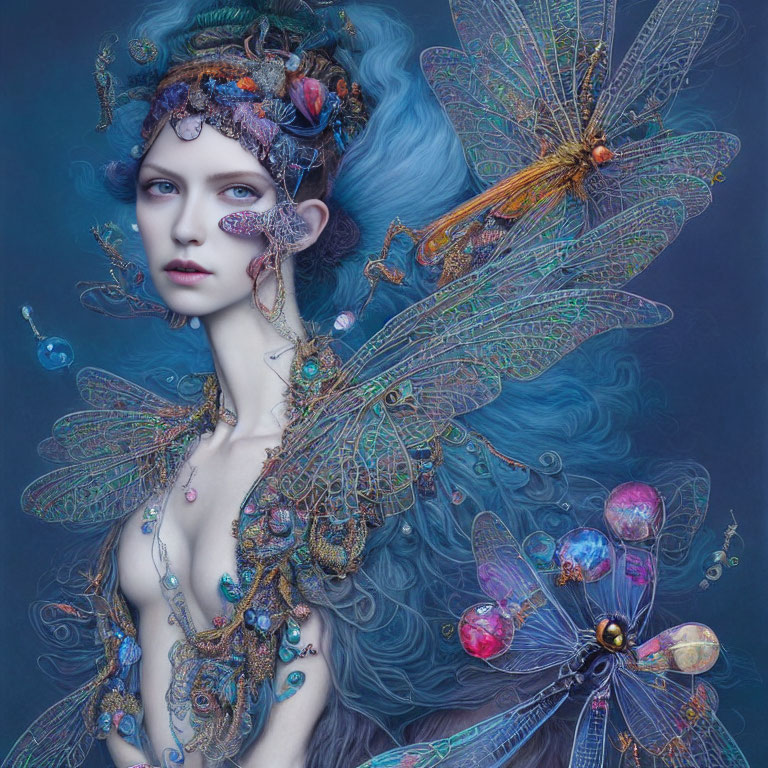 Elaborate dragonfly-winged female figure with sea-themed ornaments in moody setting