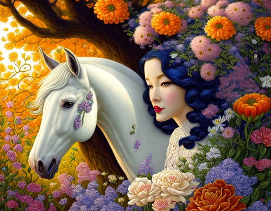 Illustration of woman with blue hair & white horse in vibrant flower setting