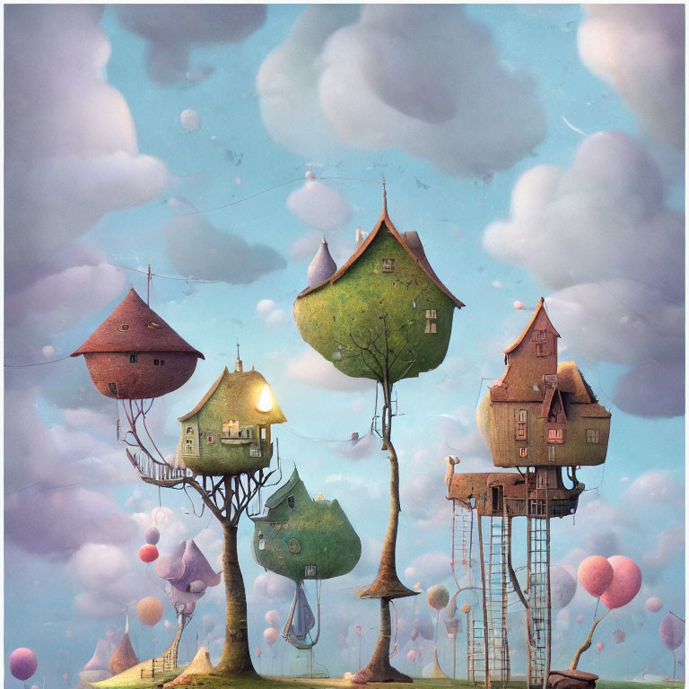 Unique Treehouse Illustration with Floating Balloons and Cloudy Sky