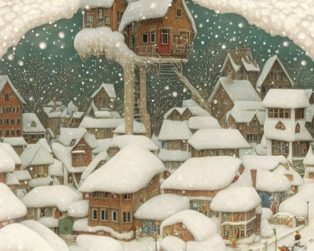 Snow-covered Winter Village Scene with Smoke and Snowfall
