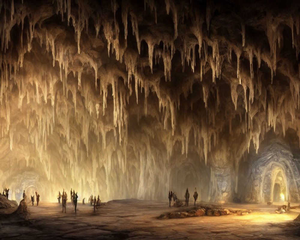Explorers in illuminated cavern with stalactites