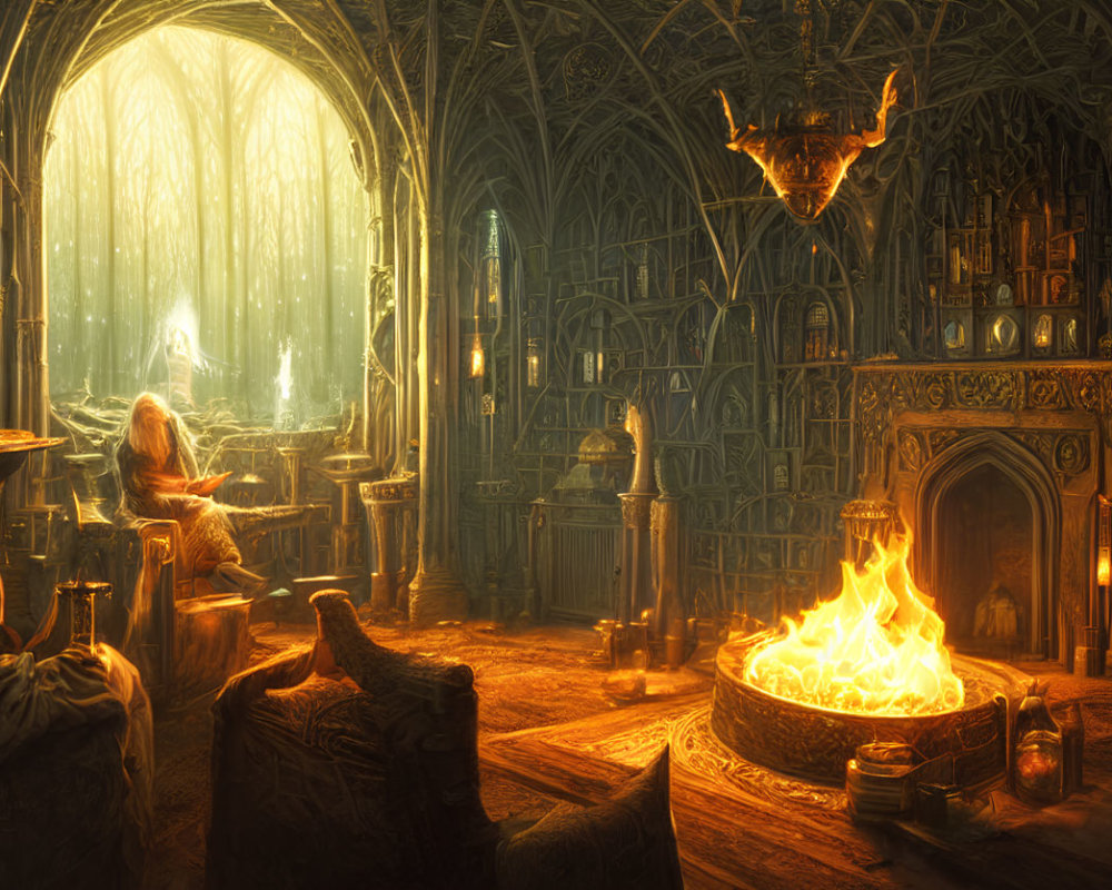 Fantasy library with Gothic arches, fireplace, and magical ambiance